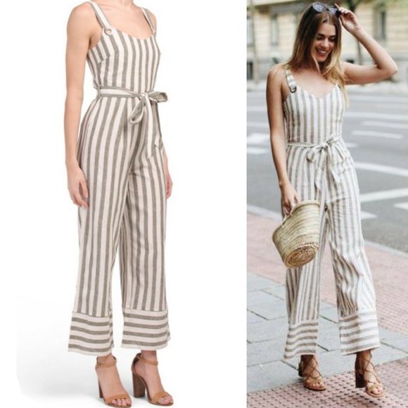 NEW Light Moss Olive Green Striped Tie Waist Linen Cotton Blend Jumpsuits $140 - Picture 3 of 8